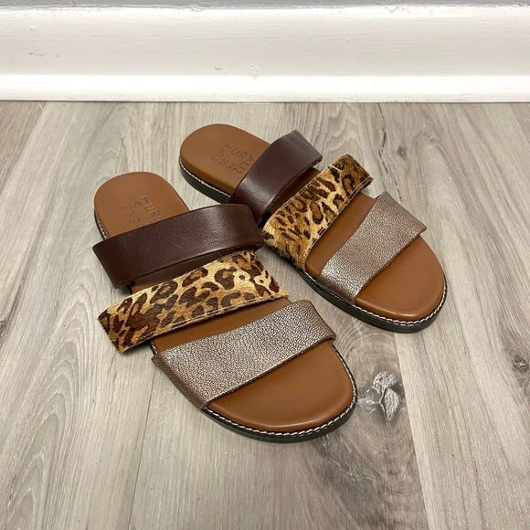 Naturalizer Sandals Women’s 7 Kellie Brown Leather Leopard Calf Hair Slide New - Picture 2 of 7